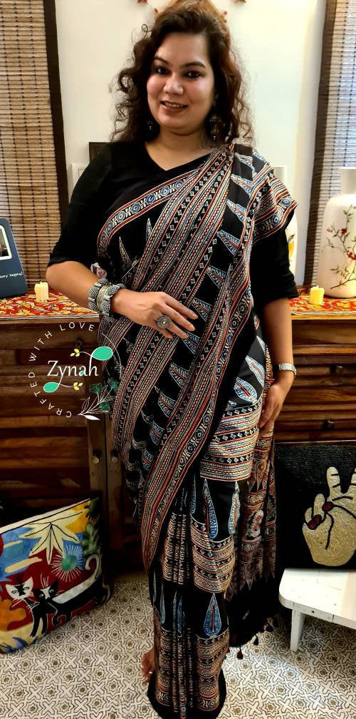 Zynah Pure Modal Silk Ajrakh Saree with Handblock Prints; Custom Stitched/Ready-made Blouse, Fall, Petticoat; Shipping available USA, Worldwide
