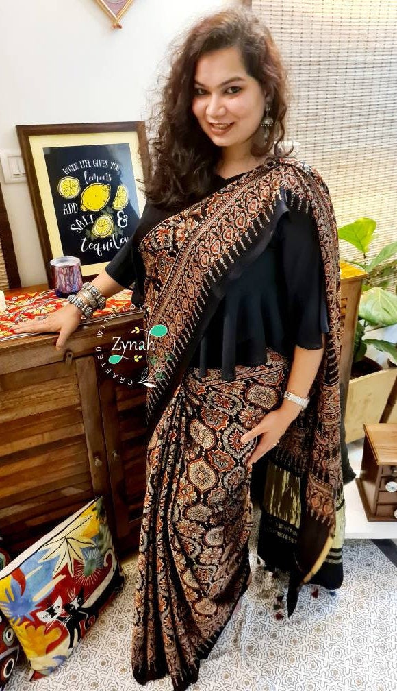 Zynah Pure Modal Silk Ajrakh Saree with Tissue Zari Pallu & Handblock Prints; Custom Stitched/Ready-made Blouse, Fall, Petticoat; Shipping available USA, Worldwide