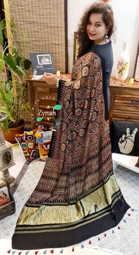 Zynah Pure Modal Silk Ajrakh Saree with Tissue Zari Pallu & Handblock Prints; Custom Stitched/Ready-made Blouse, Fall, Petticoat; Shipping available USA, Worldwide