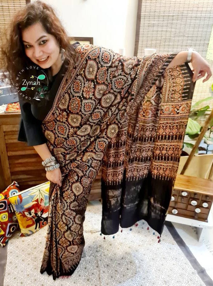 Zynah Pure Modal Silk Ajrakh Saree with Tissue Zari Pallu & Handblock Prints; Custom Stitched/Ready-made Blouse, Fall, Petticoat; Shipping available USA, Worldwide