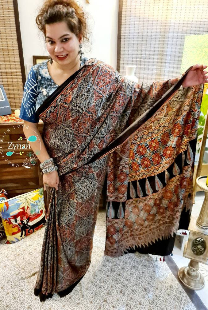 Zynah Pure Modal Silk Ajrakh Saree with Handblock Prints; Custom Stitched/Ready-made Blouse, Fall, Petticoat; Shipping available USA, Worldwide