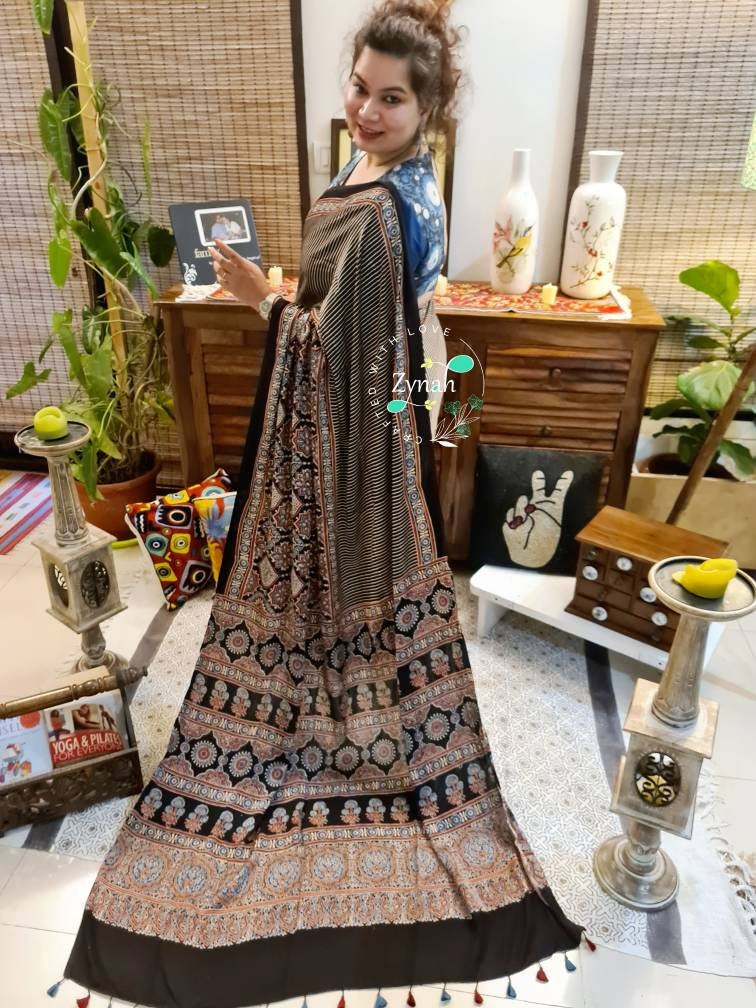 Zynah Pure Modal Silk Ajrakh Saree with Handblock Prints; Custom Stitched/Ready-made Blouse, Fall, Petticoat; Shipping available USA, Worldwide