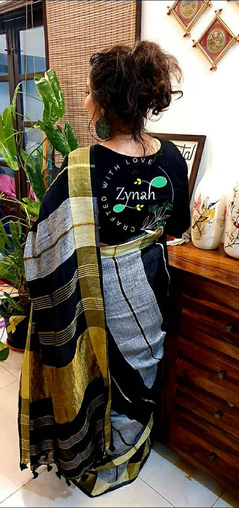 Zynah Striped Pure Handwoven Organic Lab Tested 120 Count pure 'Linen by Linen' Handcrafted Saree