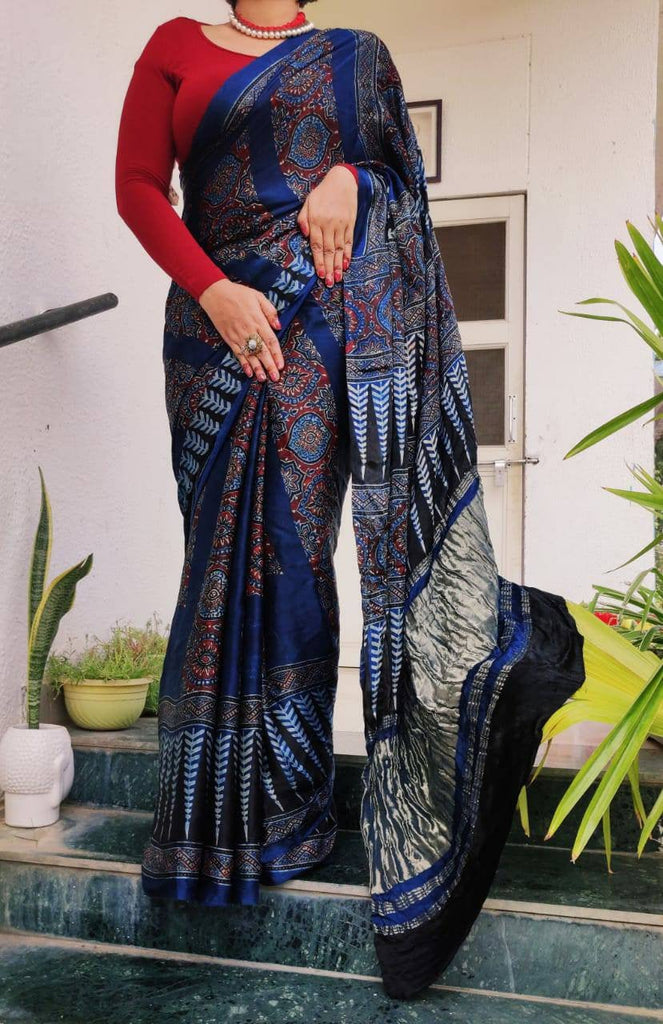 Zynah Pure Modal Silk Ajrakh Saree with Handblock Prints; Custom Stitched/Ready-made Blouse, Fall, Petticoat; Shipping available USA, Worldwide