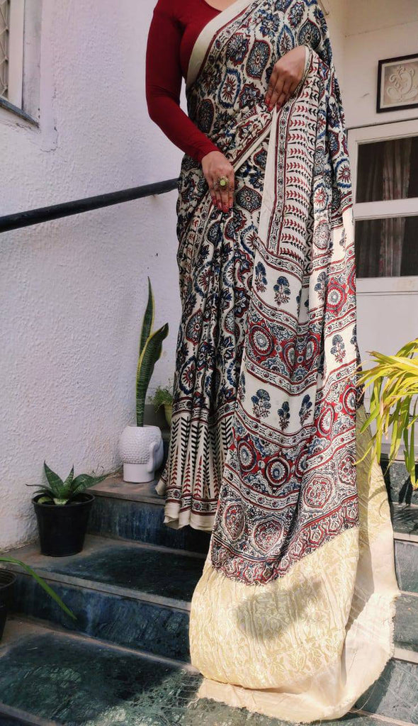 Zynah Pure Modal Silk Ajrakh Saree with Handblock Prints; Custom Stitched/Ready-made Blouse, Fall, Petticoat; Shipping available USA, Worldwide
