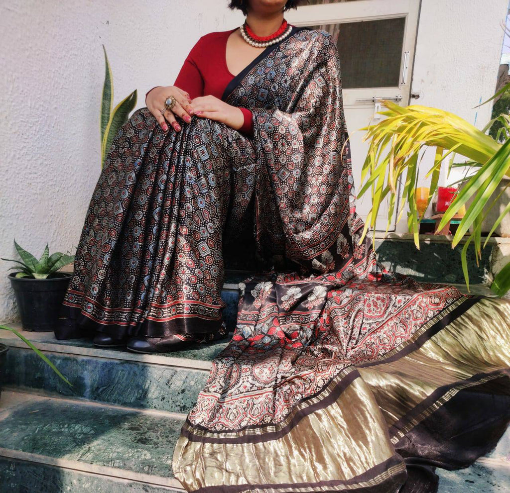 Zynah Pure Modal Silk Ajrakh Saree with Tissue Zari Pallu, Handblock Prints; Custom Stitched/Ready-made Blouse, Fall, Petticoat; Shipping available USA, Worldwide