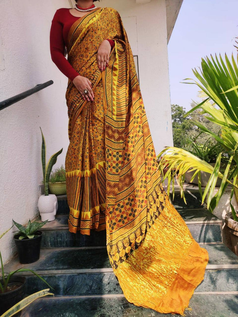 Zynah Pure Modal Silk Ajrakh Saree with Handblock Prints; Custom Stitched/Ready-made Blouse, Fall, Petticoat; Shipping available USA, Worldwide