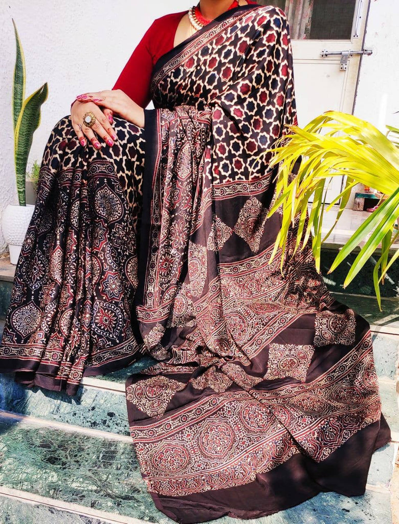 Zynah Pure Modal Silk Ajrakh Saree with Handblock Prints; Custom Stitched/Ready-made Blouse, Fall, Petticoat; Shipping available USA, Worldwide