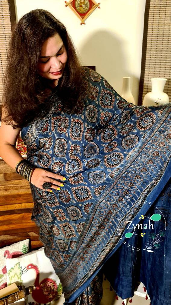 Zynah Pure Modal Silk Ajrakh Saree with Handblock Prints; Custom Stitched/Ready-made Blouse, Fall, Petticoat; Shipping available USA, Worldwide
