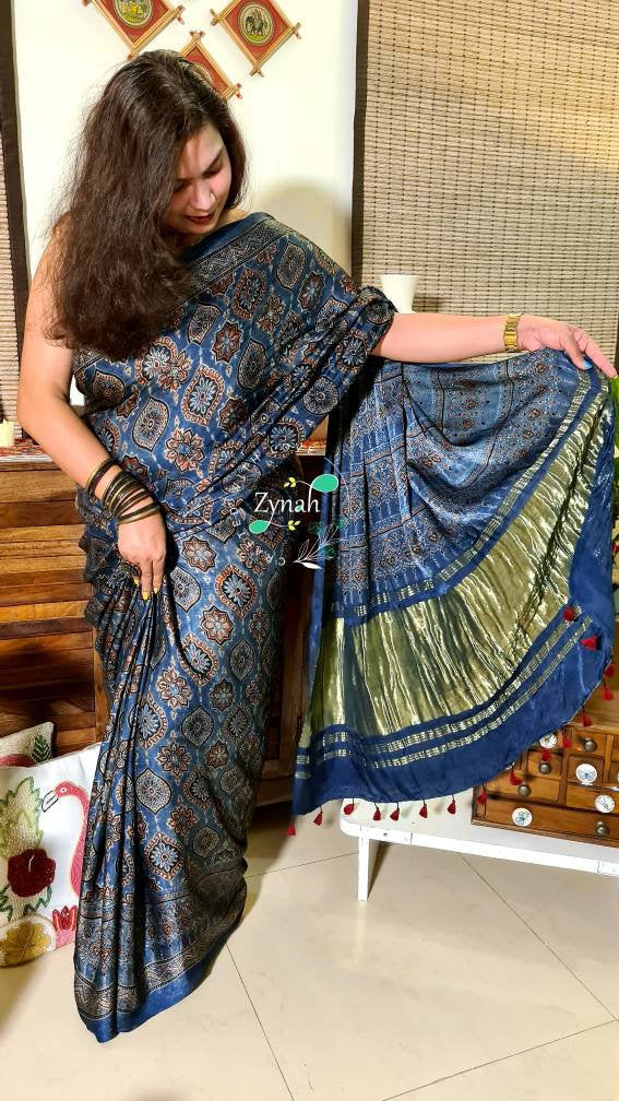 Zynah Pure Modal Silk Ajrakh Saree with Handblock Prints; Custom Stitched/Ready-made Blouse, Fall, Petticoat; Shipping available USA, Worldwide