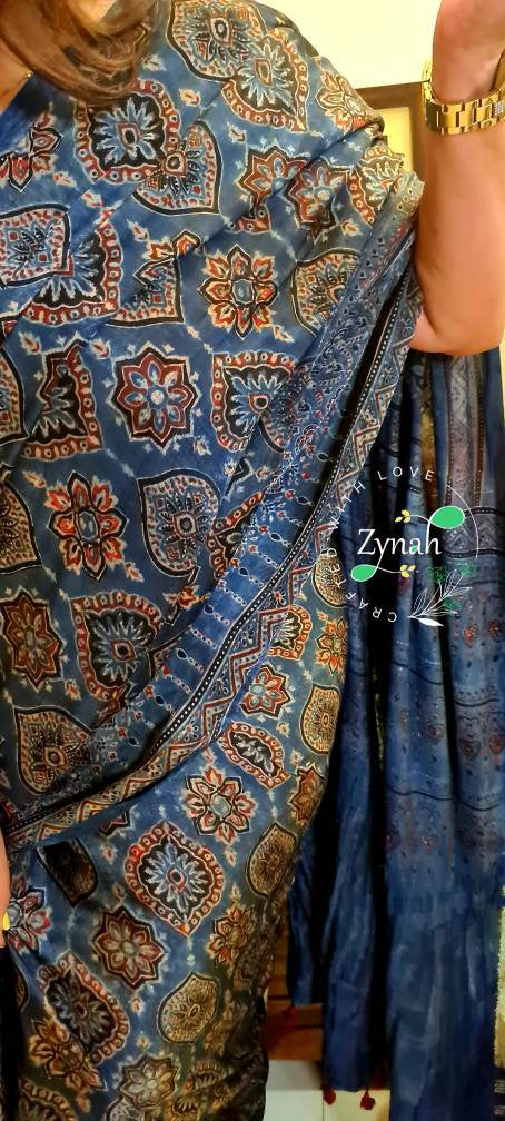 Zynah Pure Modal Silk Ajrakh Saree with Handblock Prints; Custom Stitched/Ready-made Blouse, Fall, Petticoat; Shipping available USA, Worldwide