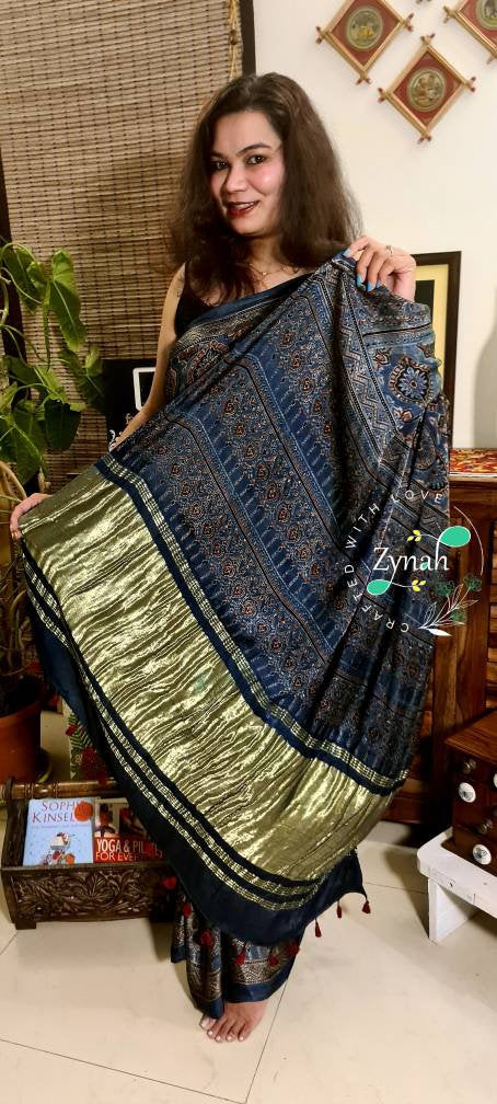 Zynah Pure Modal Silk Ajrakh Saree with Handblock Prints; Custom Stitched/Ready-made Blouse, Fall, Petticoat; Shipping available USA, Worldwide