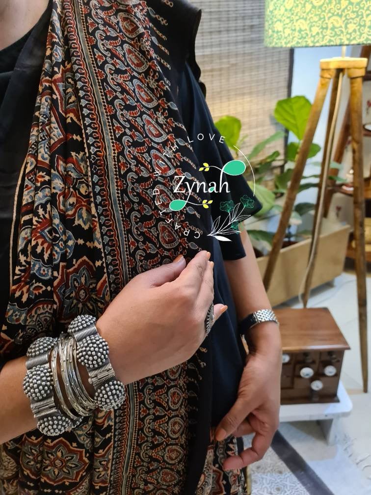 Zynah Pure Modal Silk Ajrakh Saree with Tissue Zari Pallu & Handblock Prints; Custom Stitched/Ready-made Blouse, Fall, Petticoat; Shipping available USA, Worldwide