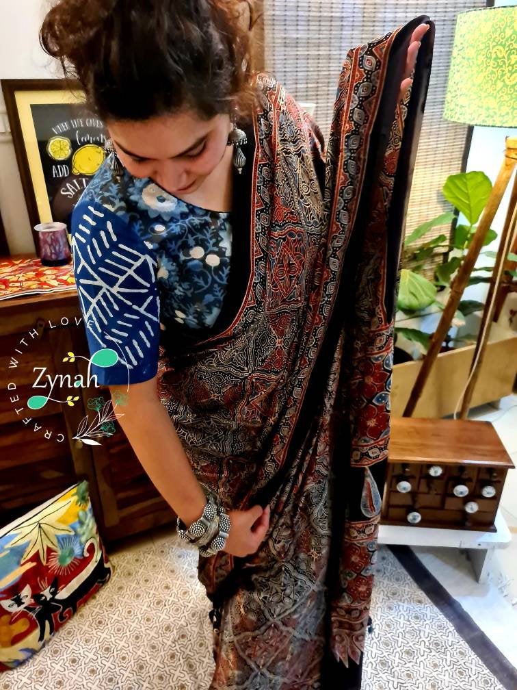 Zynah Pure Modal Silk Ajrakh Saree with Handblock Prints; Custom Stitched/Ready-made Blouse, Fall, Petticoat; Shipping available USA, Worldwide