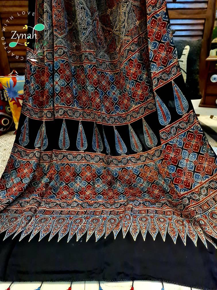 Zynah Pure Modal Silk Ajrakh Saree with Handblock Prints; Custom Stitched/Ready-made Blouse, Fall, Petticoat; Shipping available USA, Worldwide