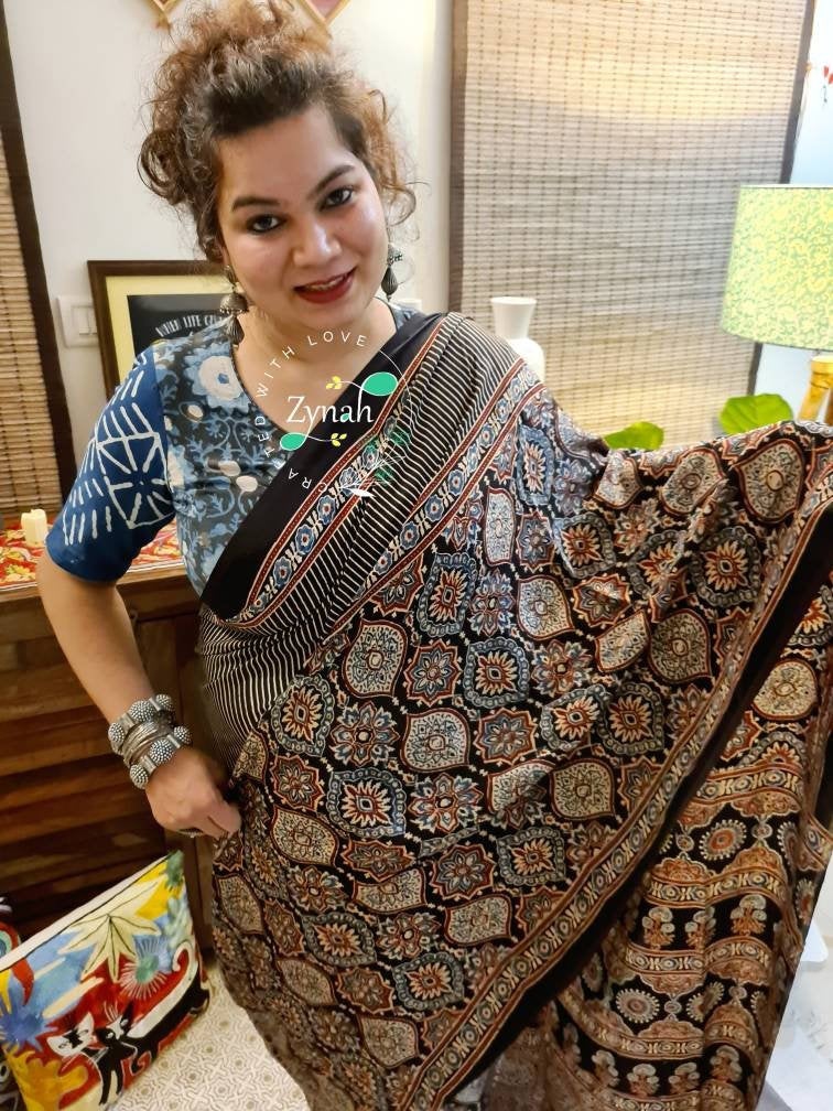 Zynah Pure Modal Silk Ajrakh Saree with Handblock Prints; Custom Stitched/Ready-made Blouse, Fall, Petticoat; Shipping available USA, Worldwide
