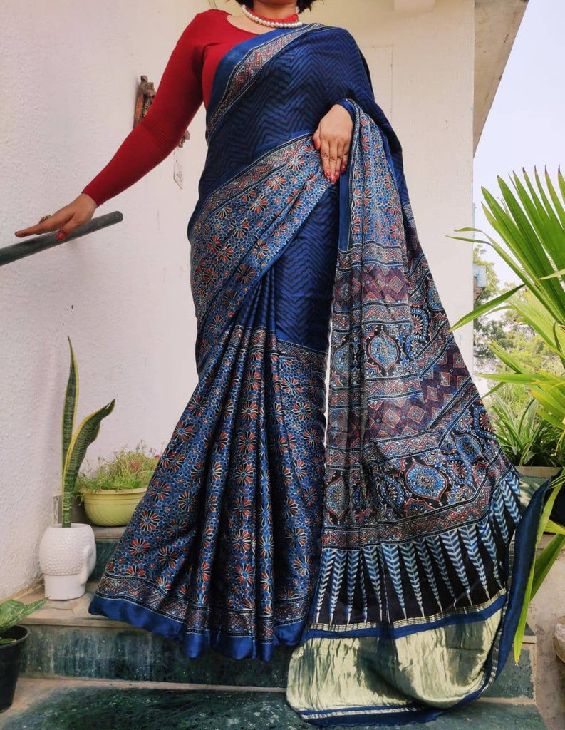 Zynah Pure Modal Silk Ajrakh Saree with Tissue Zari Pallu, Handblock Prints; Custom Stitched/Ready-made Blouse, Fall, Petticoat; Shipping available USA, Worldwide