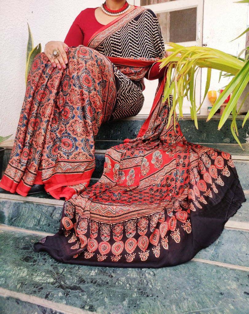 Zynah Pure Modal Silk Ajrakh Saree with Handblock Prints; Custom Stitched/Ready-made Blouse, Fall, Petticoat; Shipping available USA, Worldwide