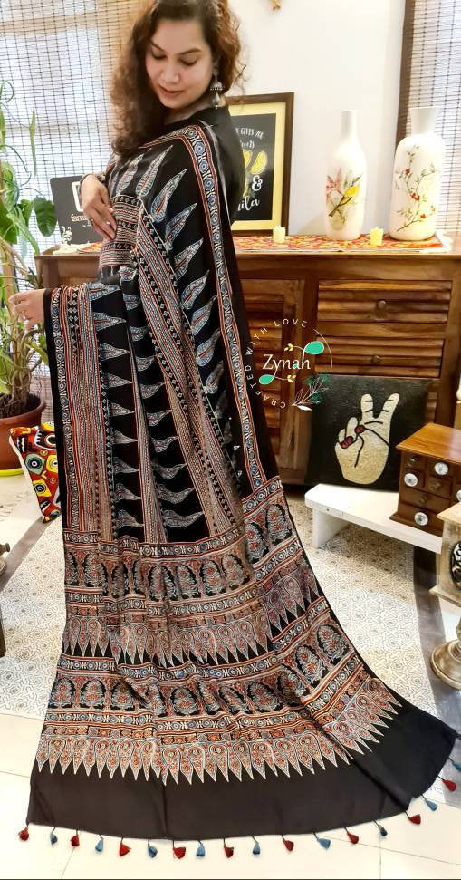 Zynah Pure Modal Silk Ajrakh Saree with Handblock Prints; Custom Stitched/Ready-made Blouse, Fall, Petticoat; Shipping available USA, Worldwide
