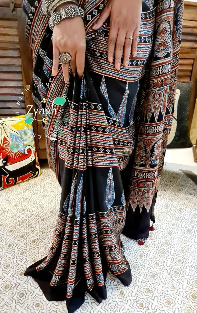 Zynah Pure Modal Silk Ajrakh Saree with Handblock Prints; Custom Stitched/Ready-made Blouse, Fall, Petticoat; Shipping available USA, Worldwide