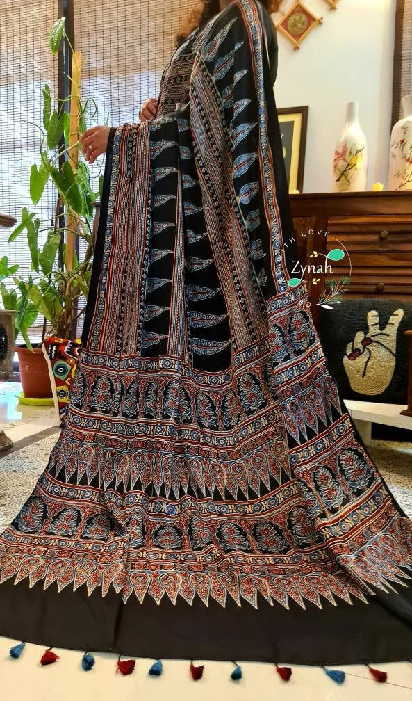 Zynah Pure Modal Silk Ajrakh Saree with Handblock Prints; Custom Stitched/Ready-made Blouse, Fall, Petticoat; Shipping available USA, Worldwide