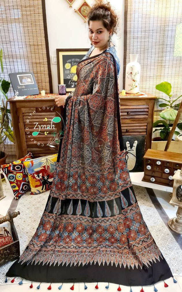 Zynah Pure Modal Silk Ajrakh Saree with Handblock Prints; Custom Stitched/Ready-made Blouse, Fall, Petticoat; Shipping available USA, Worldwide