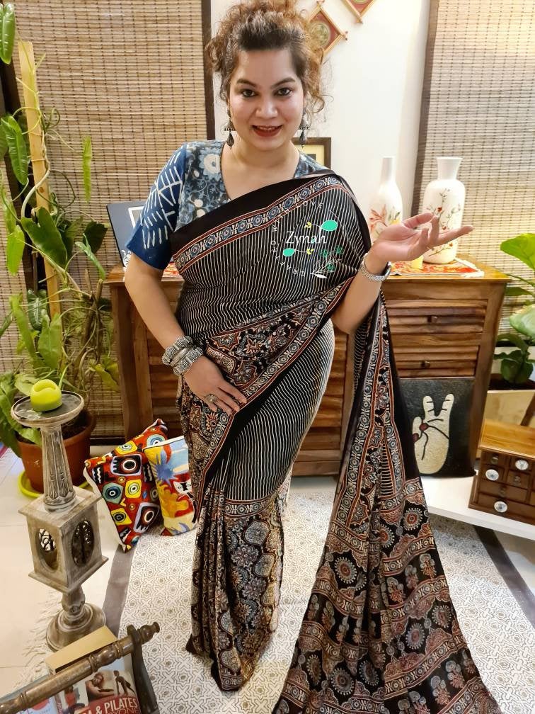Zynah Pure Modal Silk Ajrakh Saree with Handblock Prints; Custom Stitched/Ready-made Blouse, Fall, Petticoat; Shipping available USA, Worldwide