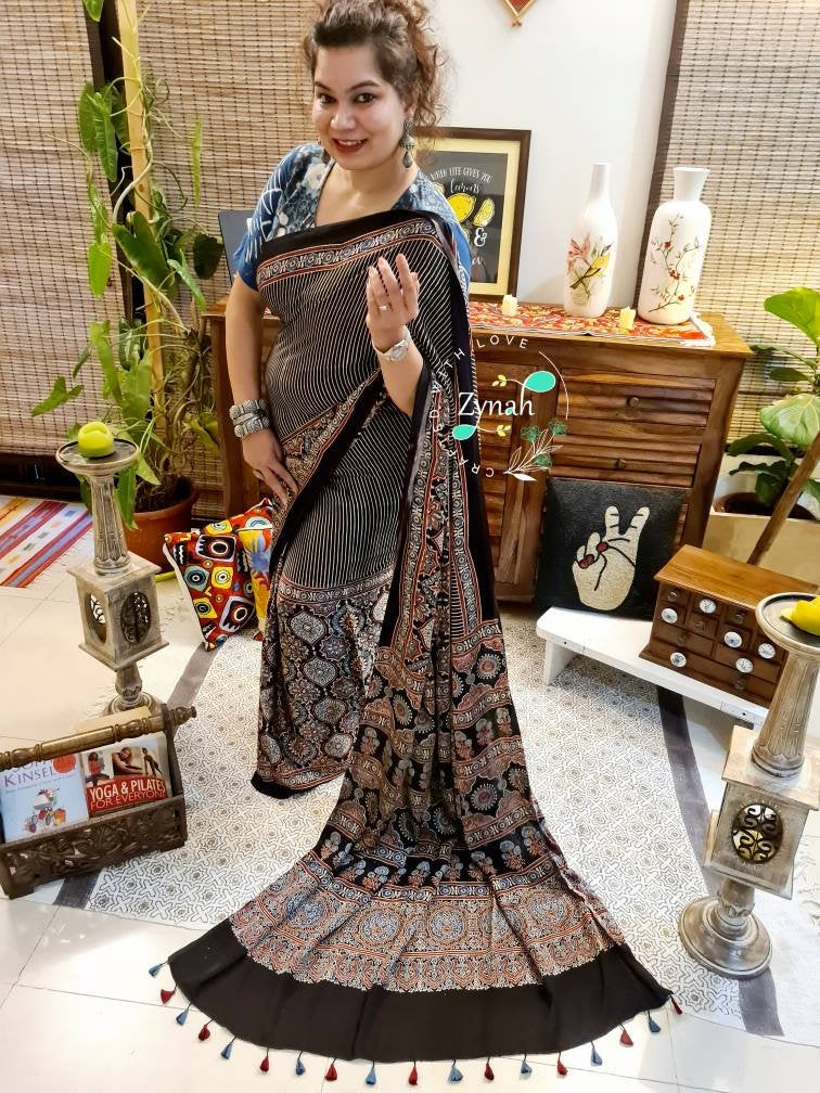 Zynah Pure Modal Silk Ajrakh Saree with Handblock Prints; Custom Stitched/Ready-made Blouse, Fall, Petticoat; Shipping available USA, Worldwide