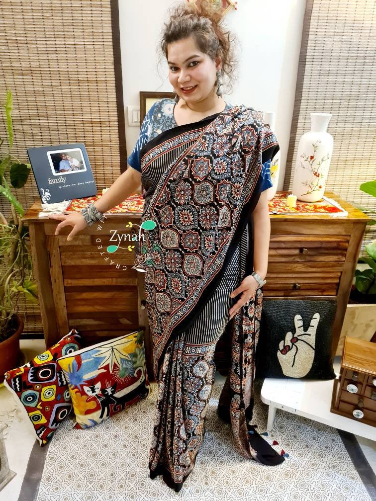 Zynah Pure Modal Silk Ajrakh Saree with Handblock Prints; Custom Stitched/Ready-made Blouse, Fall, Petticoat; Shipping available USA, Worldwide