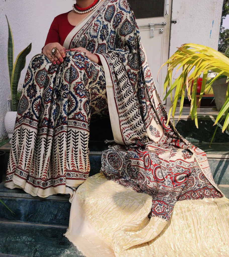 Zynah Pure Modal Silk Ajrakh Saree with Handblock Prints; Custom Stitched/Ready-made Blouse, Fall, Petticoat; Shipping available USA, Worldwide