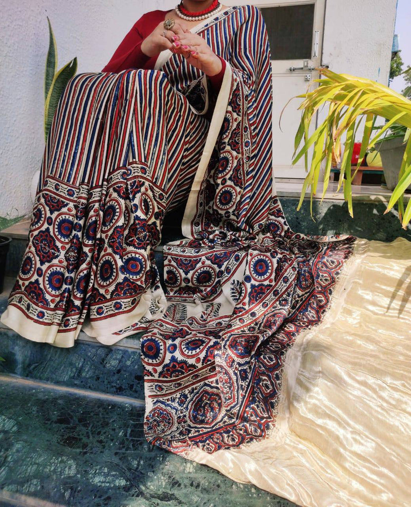 Zynah Pure Modal Silk Ajrakh Saree with Handblock Prints; Custom Stitched/Ready-made Blouse, Fall, Petticoat; Shipping available USA, Worldwide