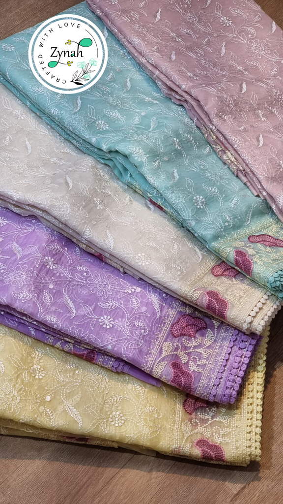 Zynah Off-White Color Pure Organza Silk Chikankari  Embroidery Saree with Crochet Lace  in Pastel Shades; Available in many colors; stitched readymade blouse,fall,petticoat,available in USA
