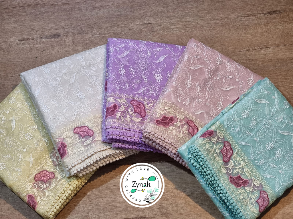 Zynah Off-White Color Pure Organza Silk Chikankari  Embroidery Saree with Crochet Lace  in Pastel Shades; Available in many colors; stitched readymade blouse,fall,petticoat,available in USA