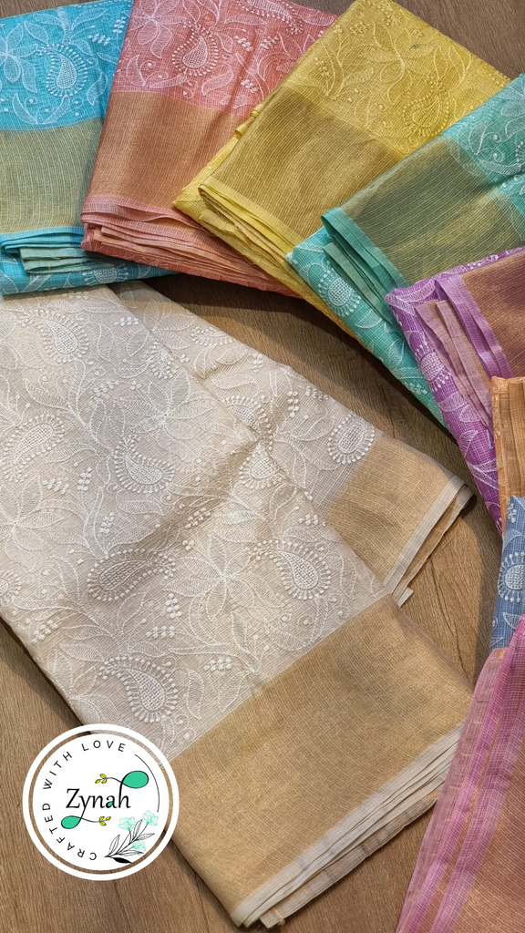 Zynah Teal Color Pure Tussar Kota Silk Saree with Heavy Chikankari Embroidery With Double Ghiccha Pallu and Heavy Tassels; Custom Stitched/Ready-made Blouse, Fall, Petticoat; Shipping available USA, Worldwide