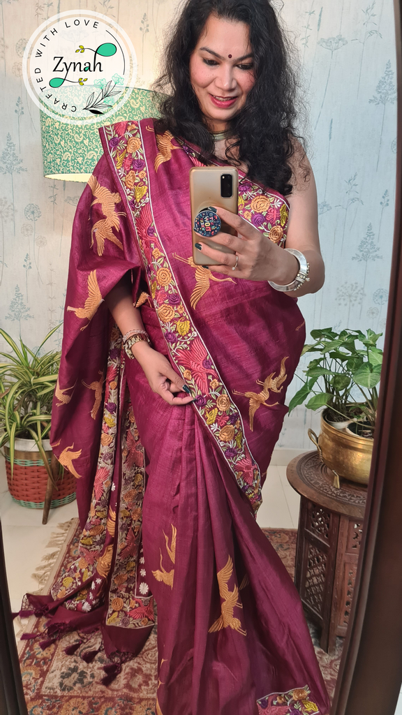 Zynah Wine Color Pure Tussar Silk Parsi work wine color Inspired Saree, Flamingo Bird Motifs; Custom Stitched/Ready-made Blouse, Fall, Petticoat; Shipping available USA, Worldwide