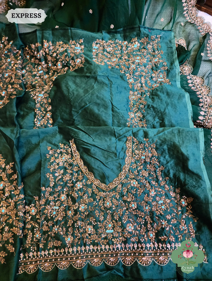 Zynah Bottle Green Organza Silk Saree With Zardozi & Maggam Hand Embroidery; Custom Stitched/Ready-made Blouse, Fall, Petticoat; SKU: 0708202402
