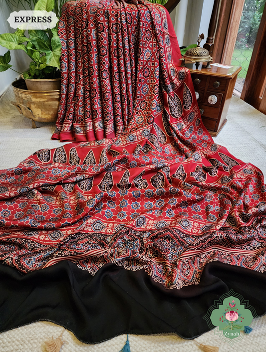 Madder Red Ajrakh Modal Silk Saree, Crafted Using The Traditional Method Of Hand Block Printing Using 100% Natural Dyes