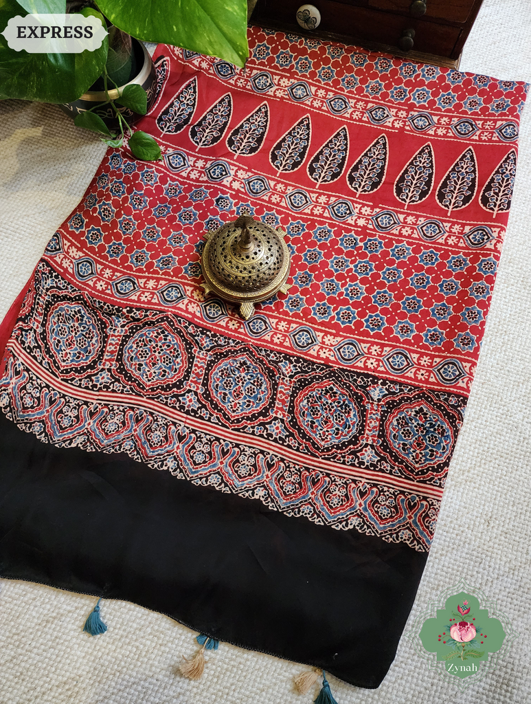 Madder Red Ajrakh Modal Silk Saree, Crafted Using The Traditional Method Of Hand Block Printing Using 100% Natural Dyes