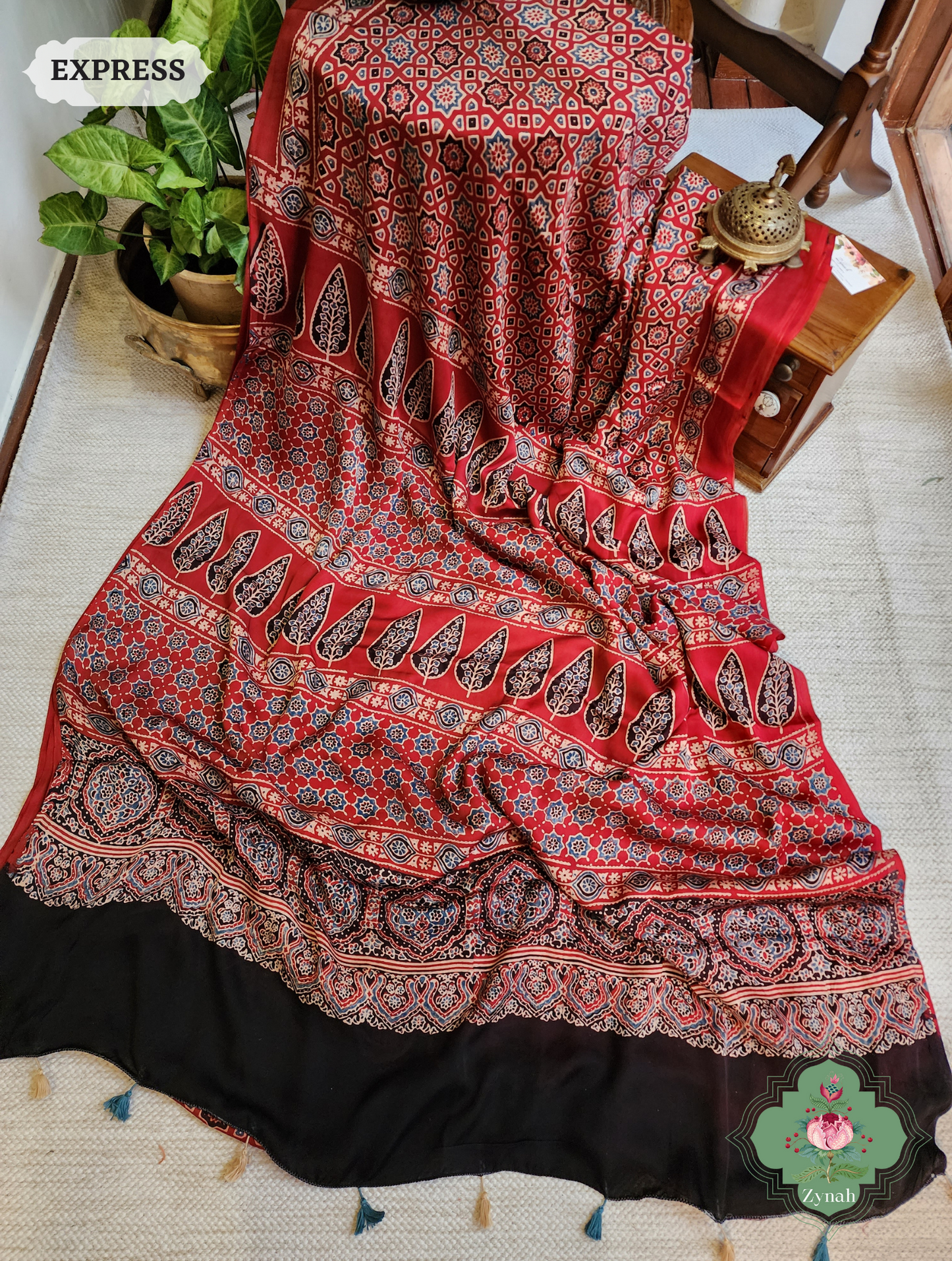 Madder Red Ajrakh Modal Silk Saree, Crafted Using The Traditional Method Of Hand Block Printing Using 100% Natural Dyes
