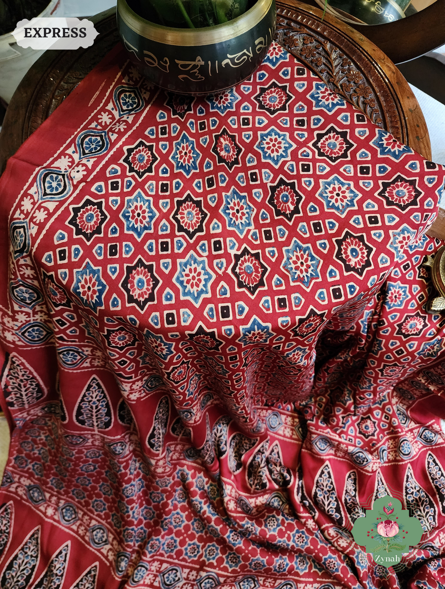 Madder Red Ajrakh Modal Silk Saree, Crafted Using The Traditional Method Of Hand Block Printing Using 100% Natural Dyes