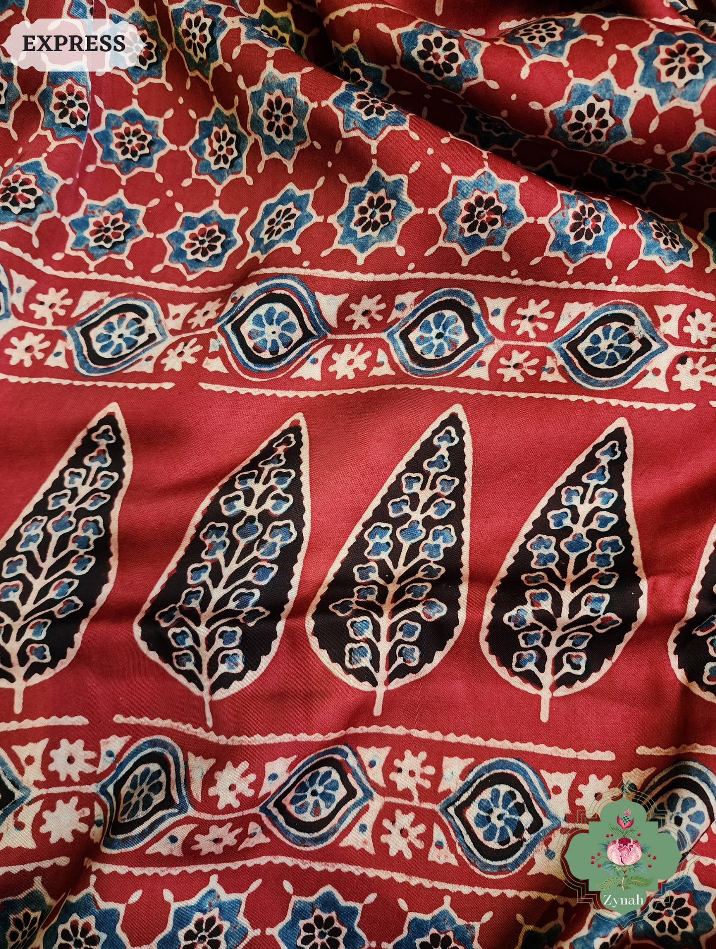 Madder Red Ajrakh Modal Silk Saree, Crafted Using The Traditional Method Of Hand Block Printing Using 100% Natural Dyes