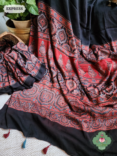 Black & Red Ajrakh Modal Silk Saree, Crafted Using The Traditional Method Of Hand Block Printing Using 100% Natural Dyes