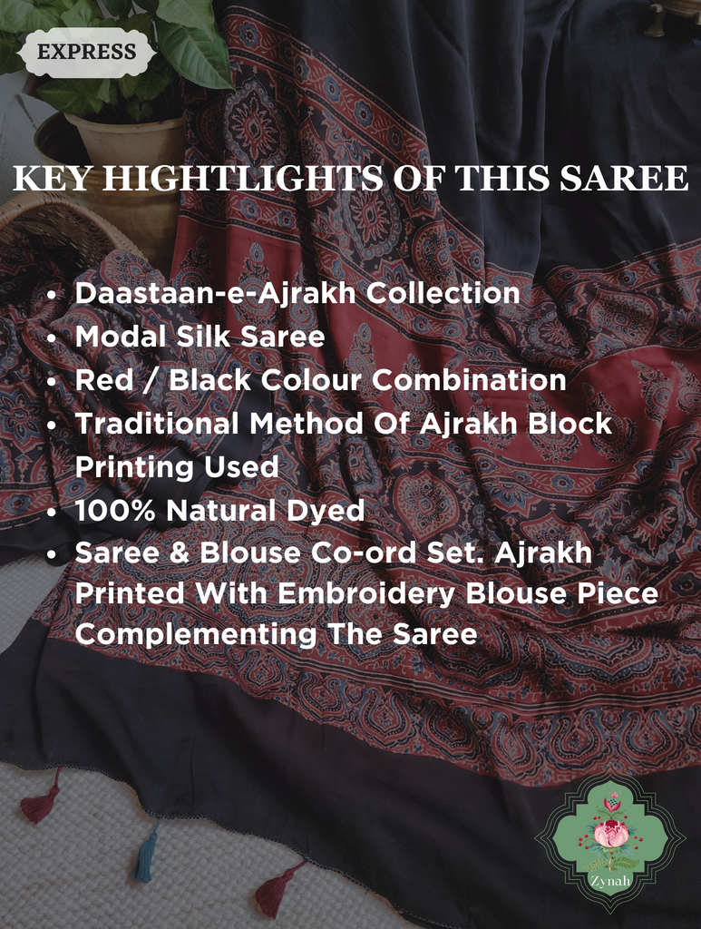 Black & Red Ajrakh Modal Silk Saree, Crafted Using The Traditional Method Of Hand Block Printing Using 100% Natural Dyes