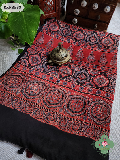 Madder Red Ajrakh Modal Silk Saree, Crafted Using The Traditional Method Of Hand Block Printing Using 100% Natural Dyes