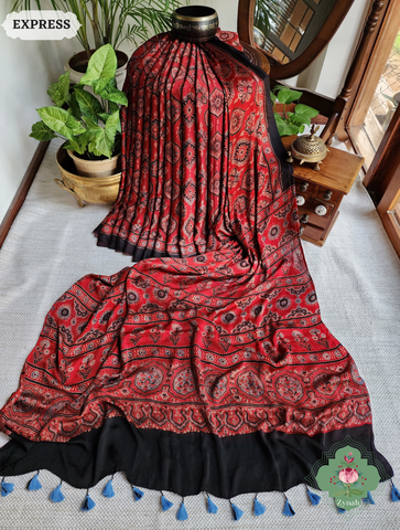 Madder Red Ajrakh Modal Silk Saree, Crafted Using The Traditional Method Of Hand Block Printing Using 100% Natural Dyes