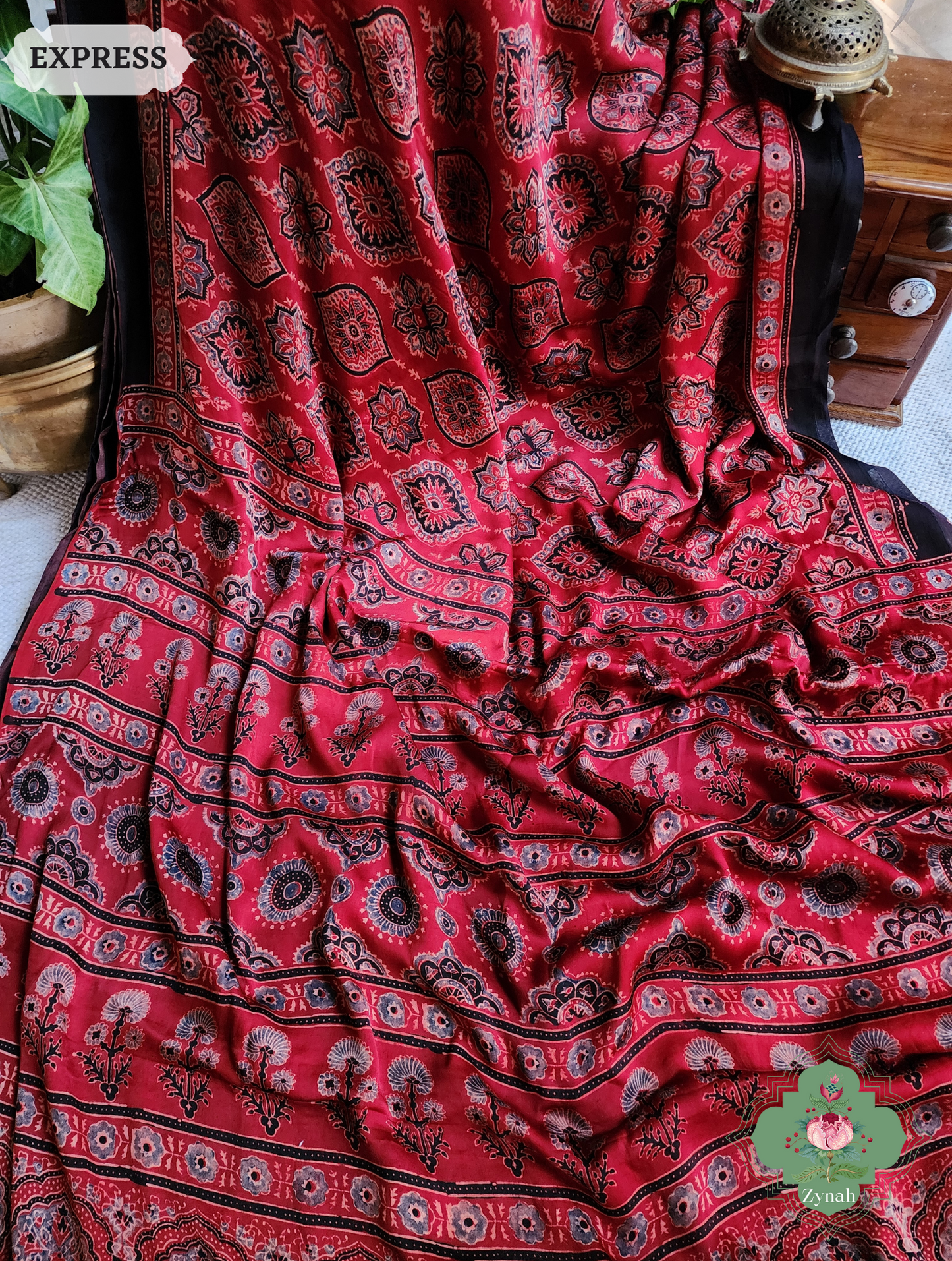 Madder Red Ajrakh Modal Silk Saree, Crafted Using The Traditional Method Of Hand Block Printing Using 100% Natural Dyes