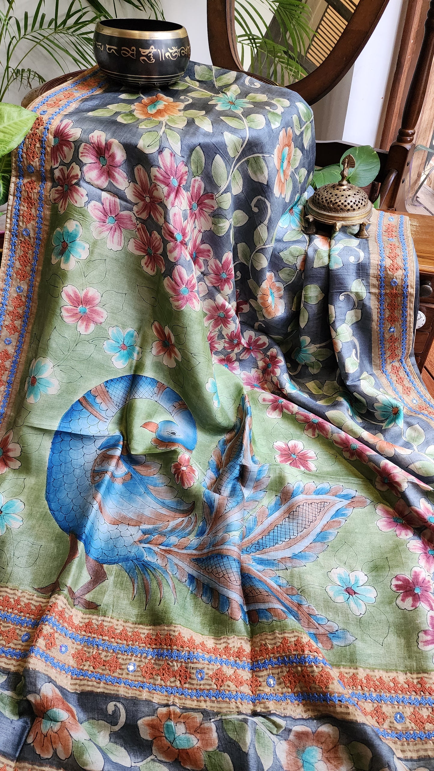 Zynah Pure Tussar Silk Hanpainted Kalamkari Saree with hand-embroidery; Custom Stitched/Ready-made Blouse, Fall, Petticoat; Shipping available USA, Worldwide