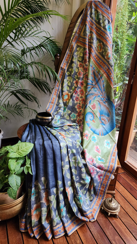 Zynah Pure Tussar Silk Hanpainted Kalamkari Saree with hand-embroidery; Custom Stitched/Ready-made Blouse, Fall, Petticoat; Shipping available USA, Worldwide