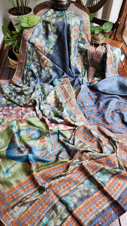 Zynah Pure Tussar Silk Hanpainted Kalamkari Saree with hand-embroidery; Custom Stitched/Ready-made Blouse, Fall, Petticoat; Shipping available USA, Worldwide