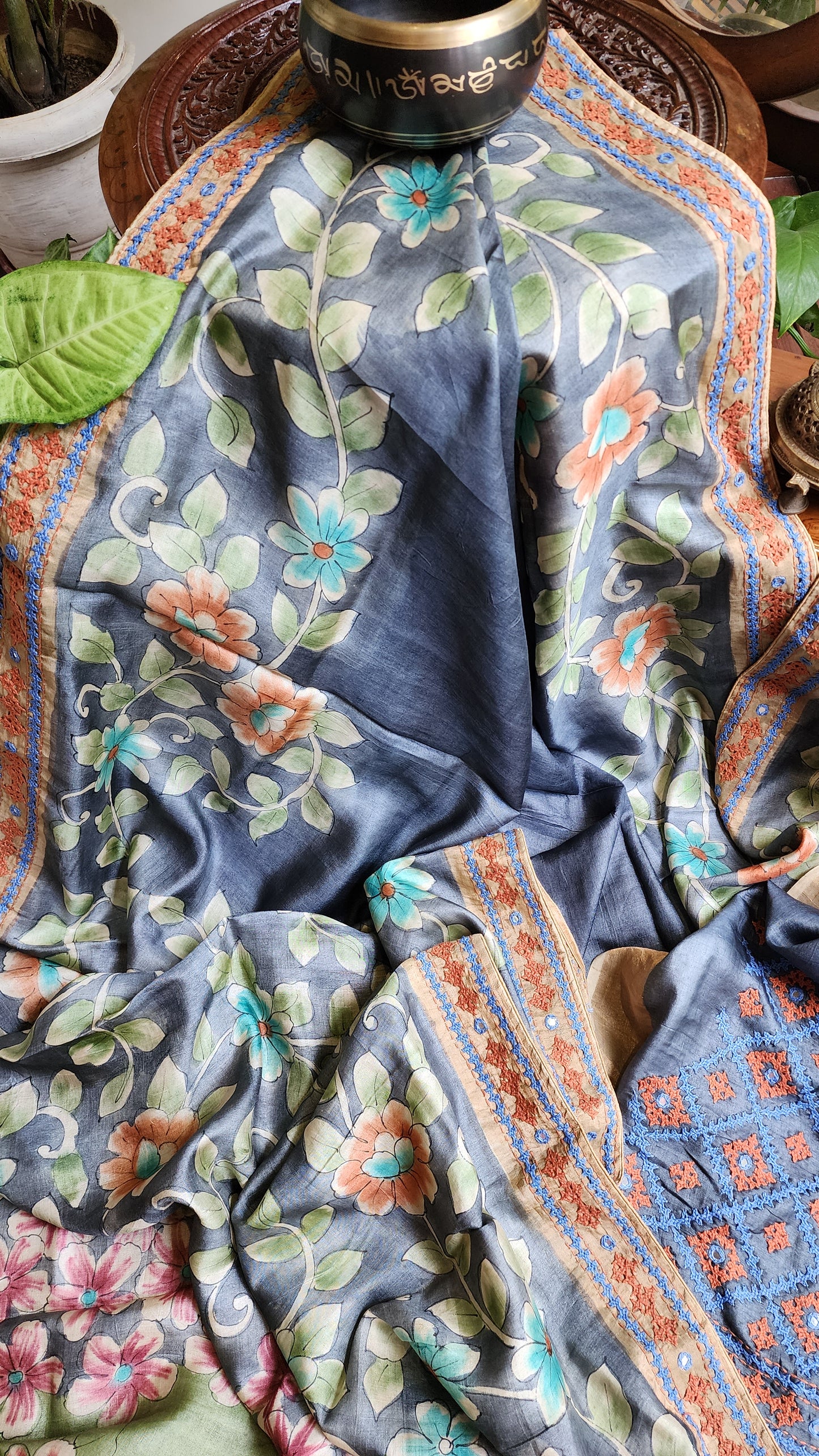Zynah Pure Tussar Silk Hanpainted Kalamkari Saree with hand-embroidery; Custom Stitched/Ready-made Blouse, Fall, Petticoat; Shipping available USA, Worldwide